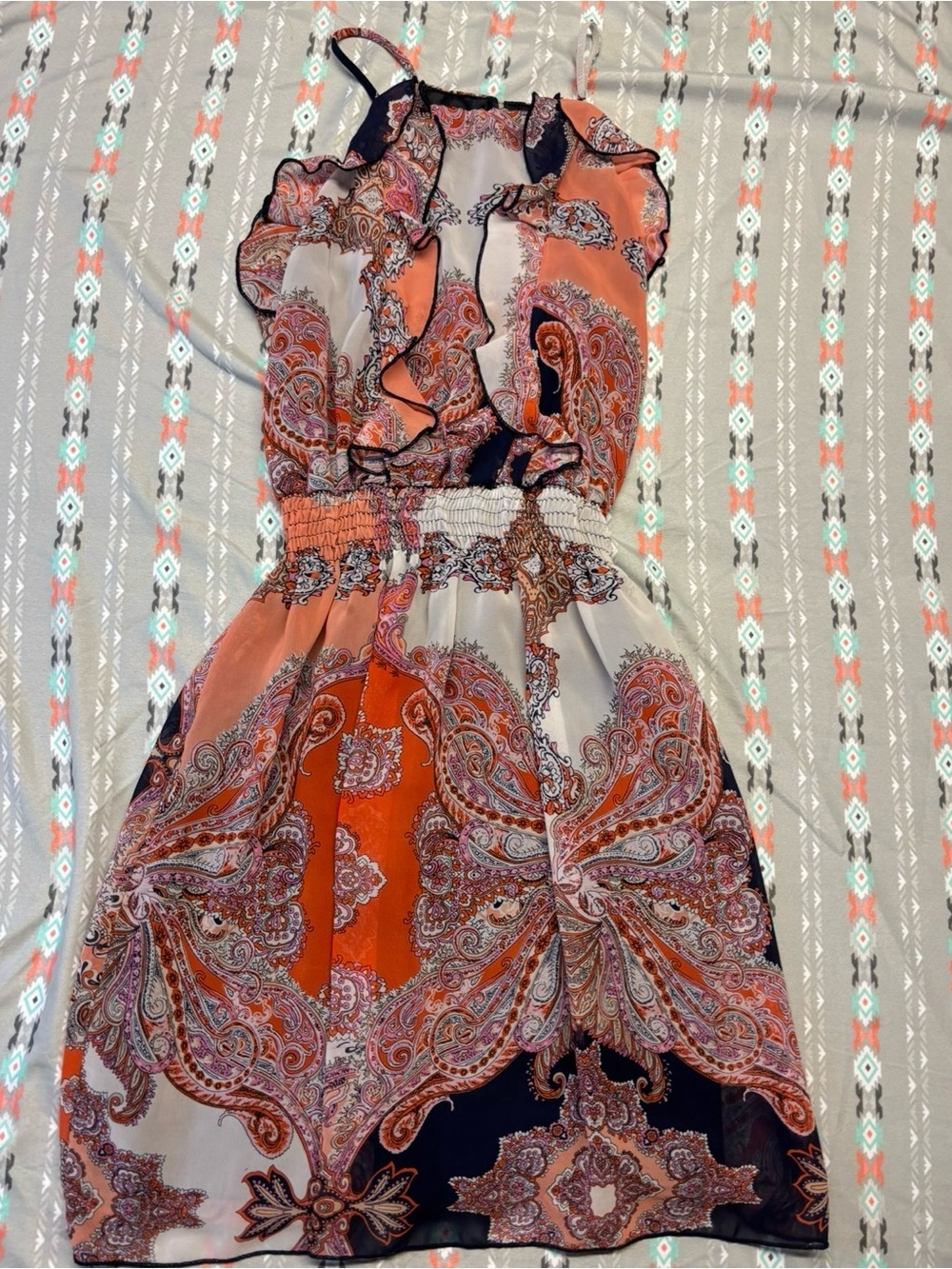 ⚛️Paisley Ruffle Waist Summer Dress in Orange and Cream